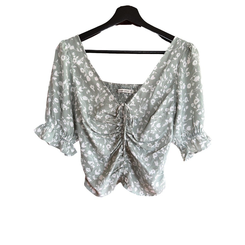 Abercrombie &‎ Fitch Sage Green Floral Smocked Ruched Crop Top XS Coquette